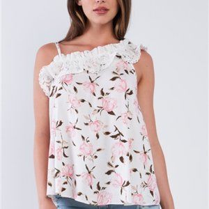 Ivory Floral Print Loose Fit Asymmetrical Top
